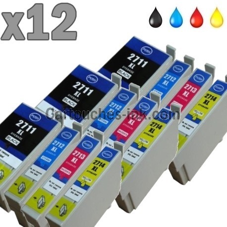 12 cartouches compatibles Epson T2711, T2712, T2713, T2714, lot T2715 ou 27XL